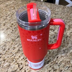 Stanley Heart Pattern Red Tumbler with Straw